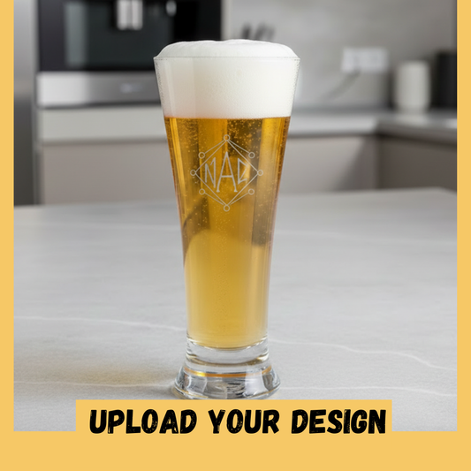 Close up of custom printed monogram diamond design on personalised half pint pilsner glass, upload your own design gift
