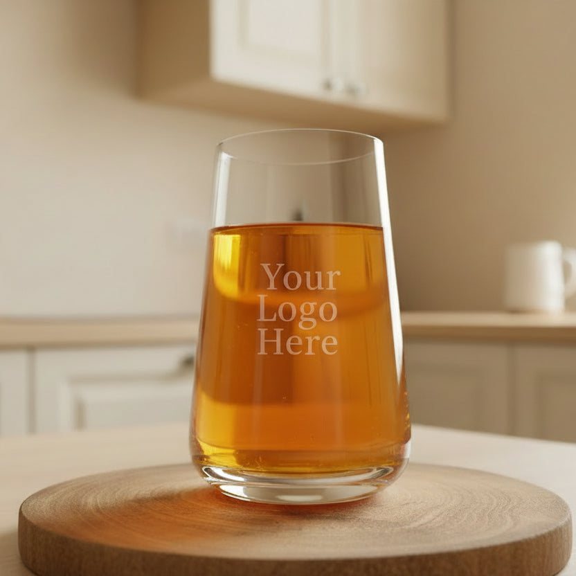 Personalised highball glass with uploaded custom design on bar shelf, unique birthday gift for him or her