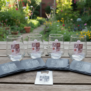 Personalised home bar gift set with 4 custom printed 440ml Allegra stemless beer glasses, 4 laser engraved slate coasters and laser engraved bar blade with matching heraldic crest design