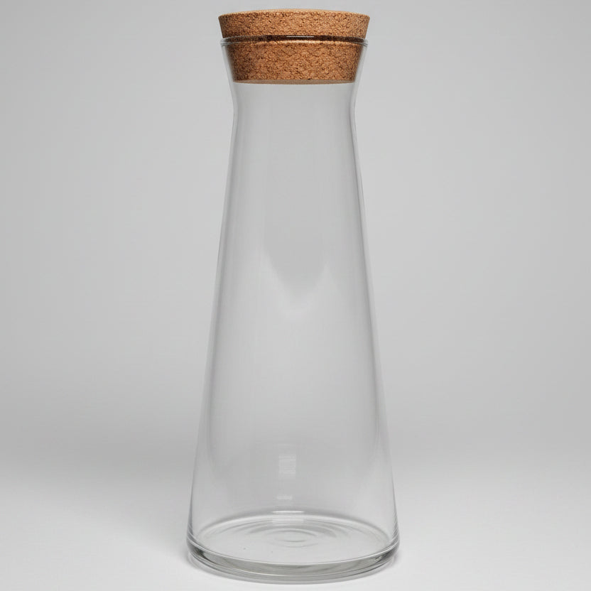 Close up of custom printed design on personalised large glass carafe with cork lid, upload your own design giftdesigns