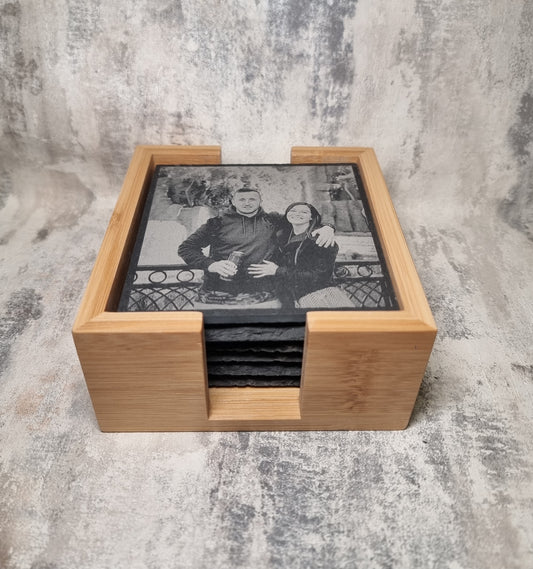 Custom Engraved Photo Slate Coasters Set – Gift for Him, Her, Anniversary or New Home