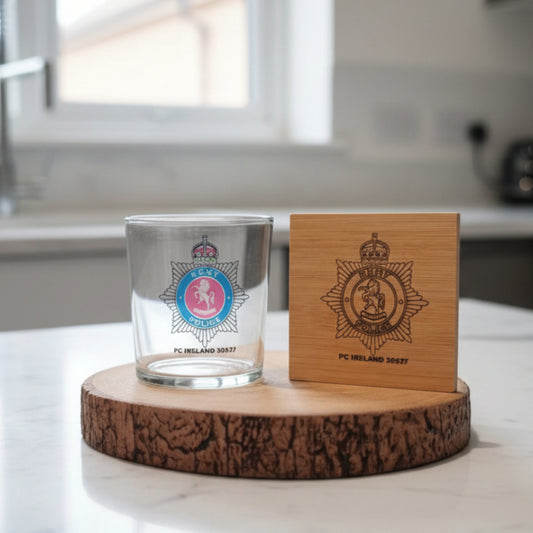 Personalised police officer retirement whiskey glass with custom collar number, name and constabular