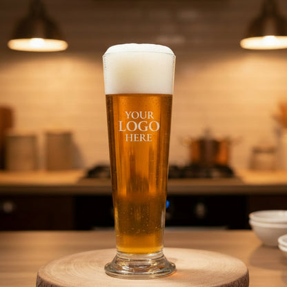Close up of custom printed on personalised tall pilsner beer glass, upload your own design gift
