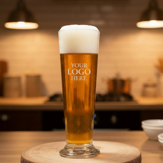 Close up of custom printed on personalised tall pilsner beer glass, upload your own design gift