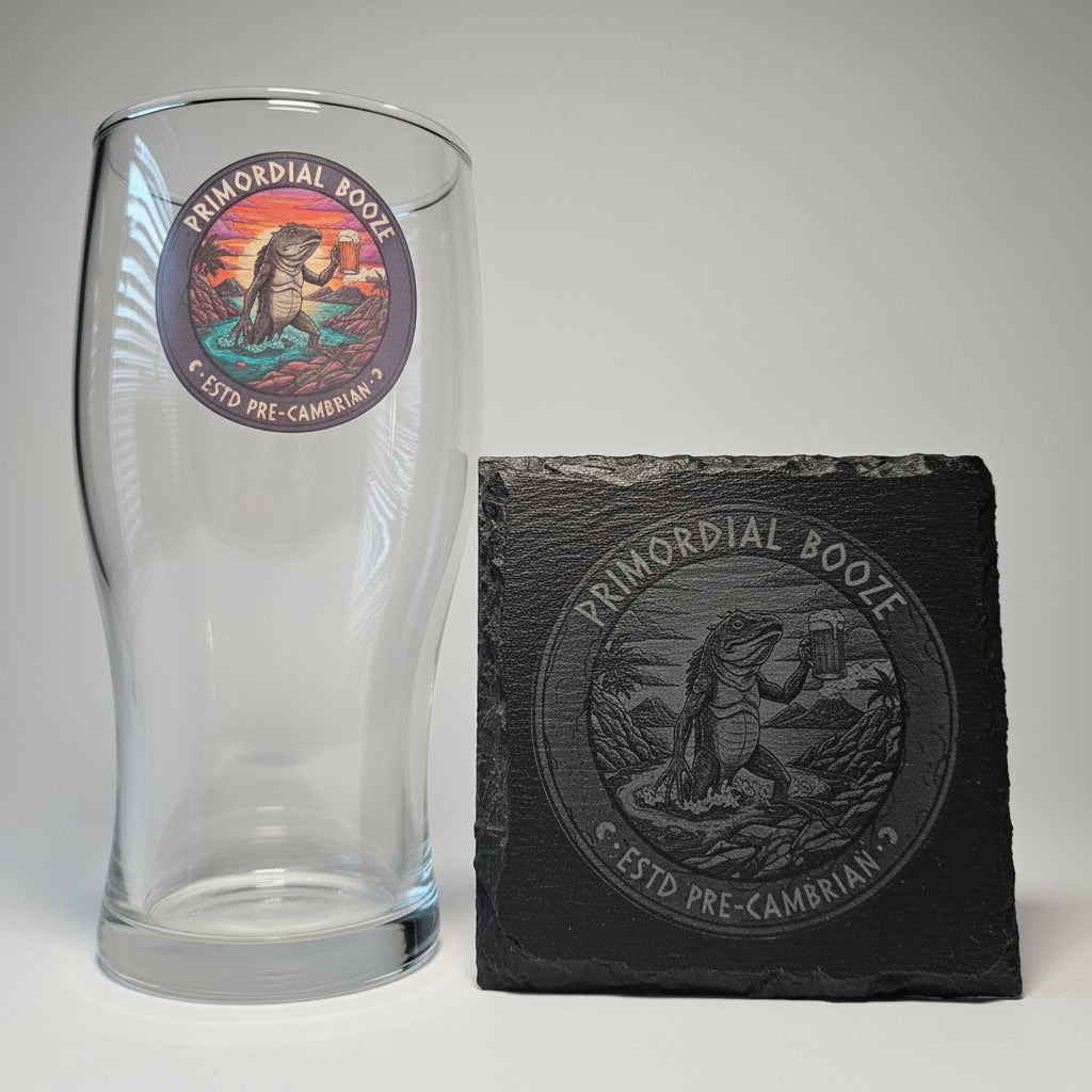 Close up of custom printed circular dinosaur badge design on personalised traditional pint glass, upload your own design gift