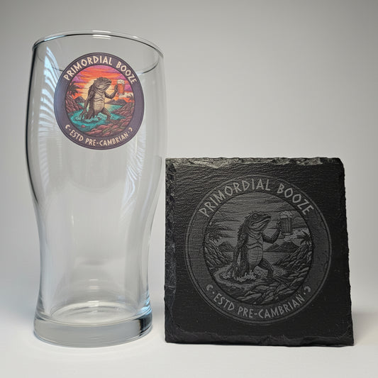 Close up of custom printed circular dinosaur badge design on personalised traditional pint glass, upload your own design gift