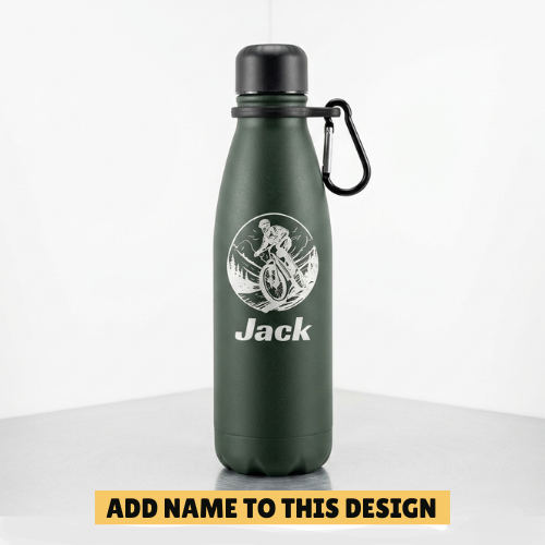 Personalised 500ml black insulated water bottle with pre-printed mountain biking design and custom name Jack, unique MTB gift for him