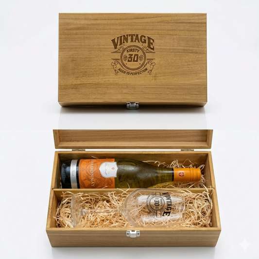 A personalised wine glass with a vintage design