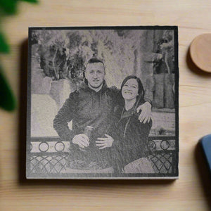 Personalised photo slate coaster with your uploaded image, natural stone texture, smooth surface for high-quality photo engraving, perfect for custom gifts, keepsakes, or unique home décor.
