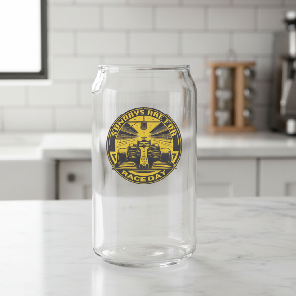undays Are For Race Days personalised racing can glass — monochrome badge design, 500ml