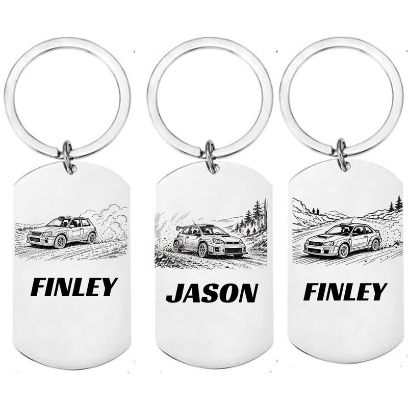 Three personalized metal keychains shown side by side on a plain white background. Each keychain has a silver split ring and a white oval tag with a black line drawing of a sports car and the name printed below in bold: FINLEY on the left, JASON in the center, and FINLEY on the right.