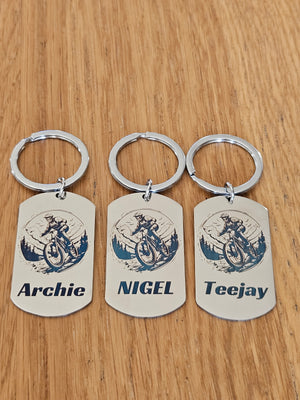 Personalised MTB Dog Tag Chain – Downhill Mountain Biker Design with Custom Name & Message