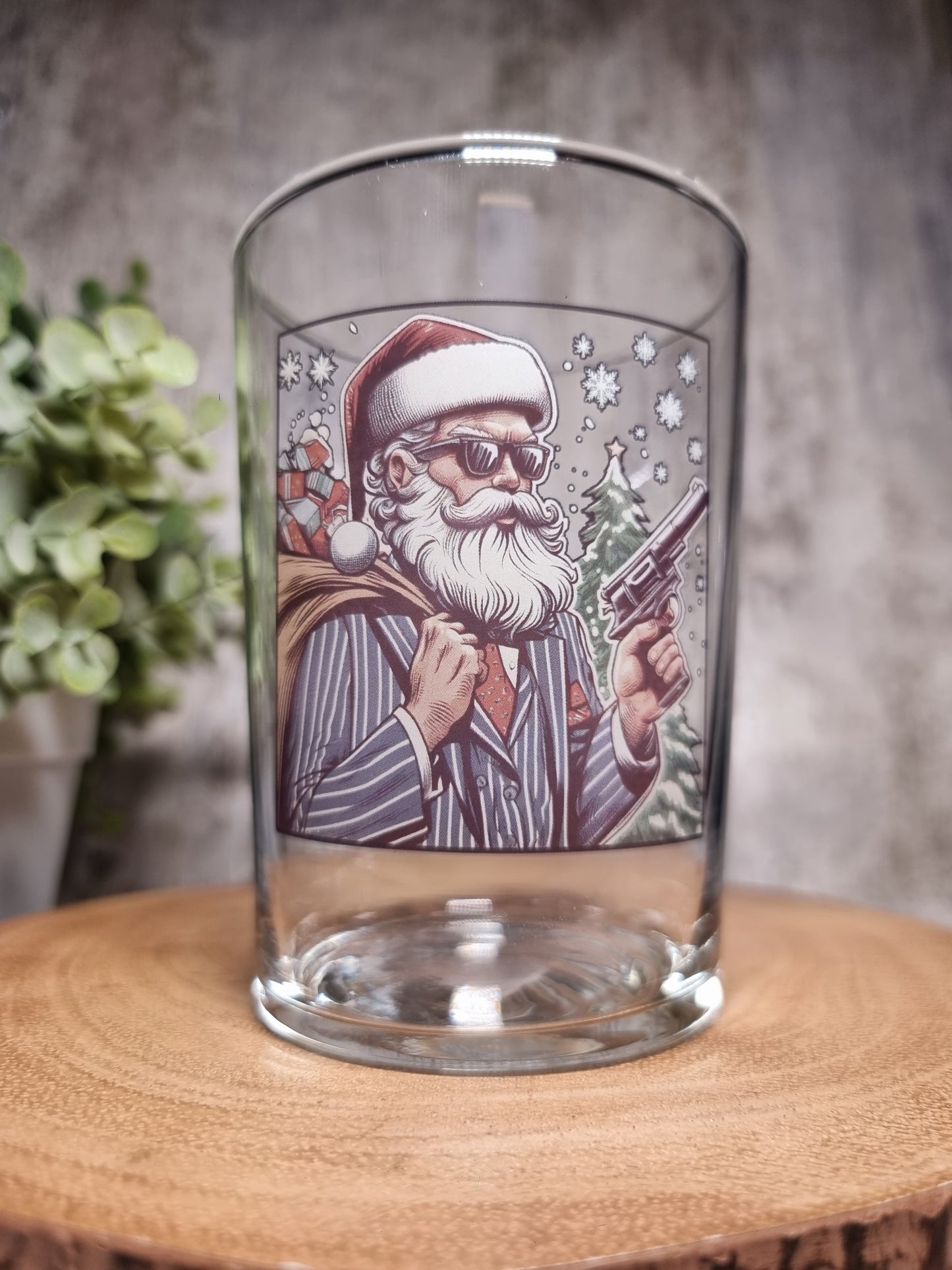 Holly Heist Cheer: Limited Edition Xmas Glass with Gangster Santa, Pinstripes, and Holiday Heat