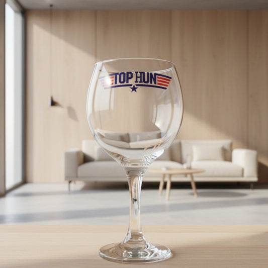 Top Hun gin glass with ink printed design, dishwasher safe