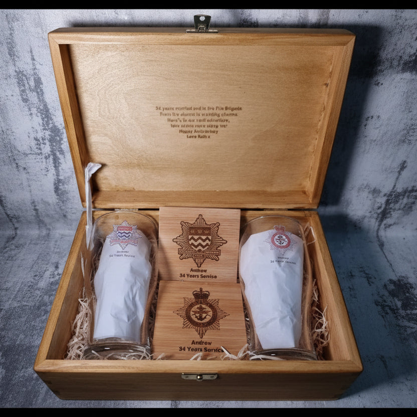 Personalised Fire Service Retirement Gift Set for Firefighters – Custom Engraved Glassware Keepsake