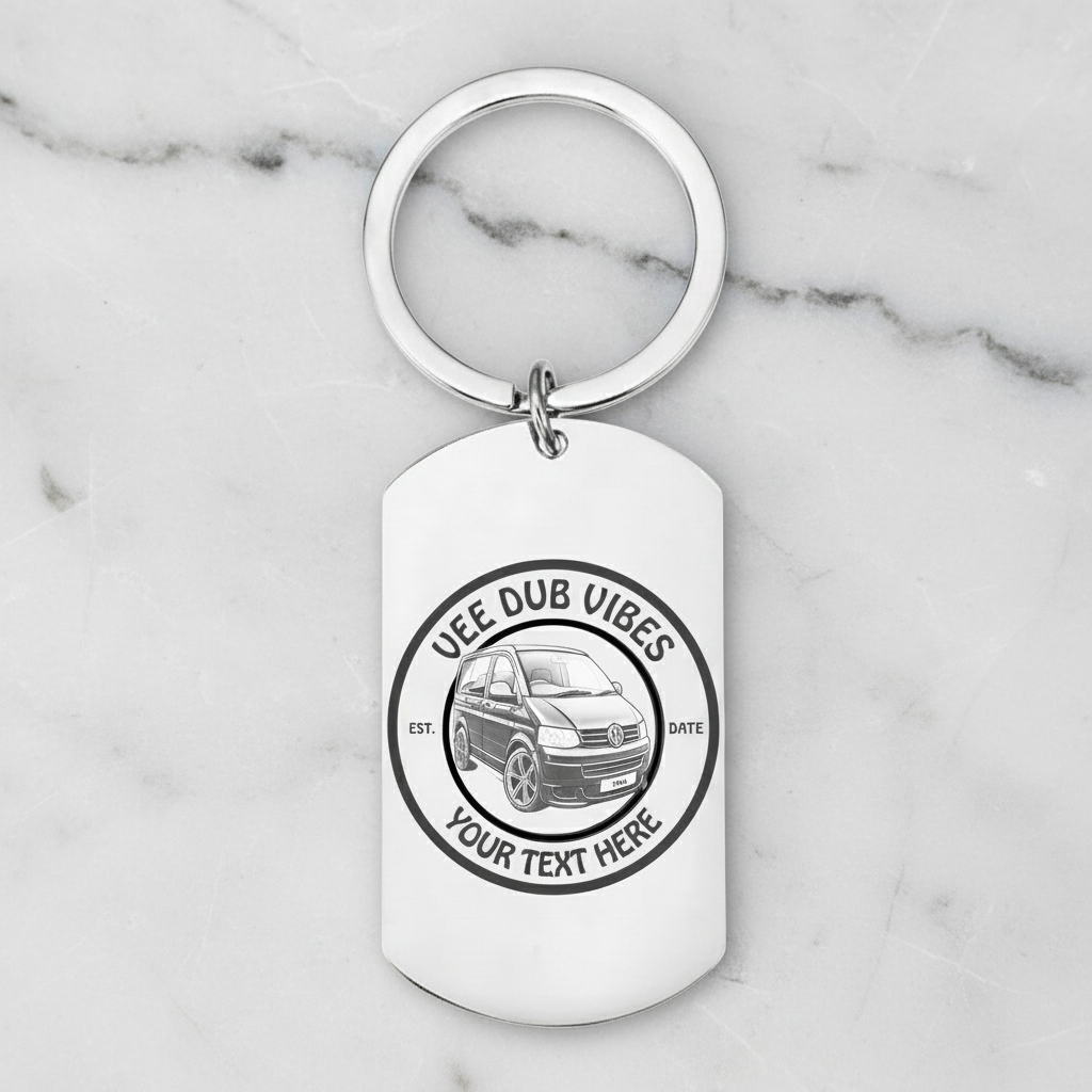 Personalised VW T5 T6 Crafter Camper Keyring – Custom Engraved Text, Date & Registration Plate with Optional Message