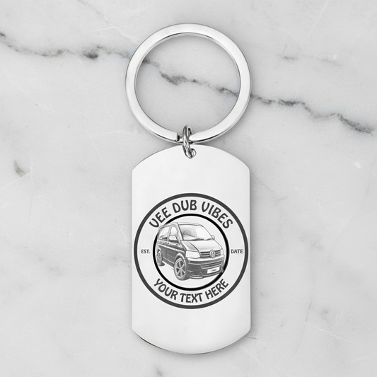 Personalised VW T5 T6 Crafter Camper Keyring – Custom Engraved Text, Date & Registration Plate with Optional Message