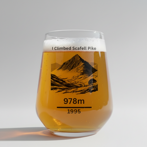 I Climbed Scafell Pike beer glass, custom printed with mountain landscape illustration, 978m elevation and climb year
