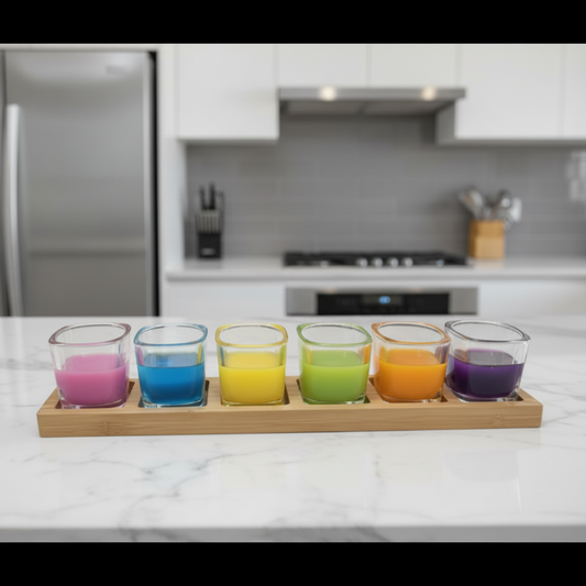 Close up of six custom printed personalised 60ml square shot glasses on bamboo paddle, upload your own design party gift