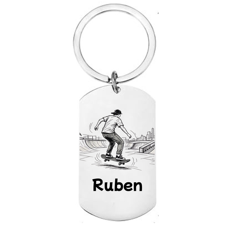 Personalised skateboarding laser engraved stainless steel dog tag keyring with urban skate park scene and personalised name on white background