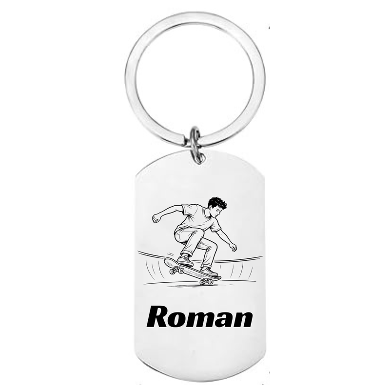 Personalised skate ramp laser engraved stainless steel dog tag keyring with dynamic front-facing skater illustration and personalised name on white background