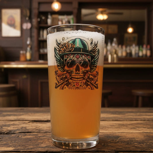 Skull cowboy personalised beer pint glass — front view showing full design