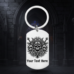 Personalised Gothic Skulls dog tag keyring – dark fantasy skull gift for goth lovers, birthdays, Halloween, and alternative style collectors.