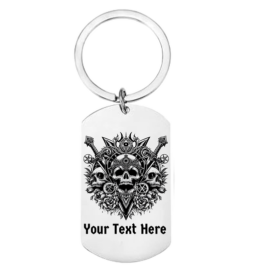 Personalised Gothic Skulls dog tag keyring – dark fantasy skull gift for goth lovers, birthdays, Halloween, and alternative style collectors.