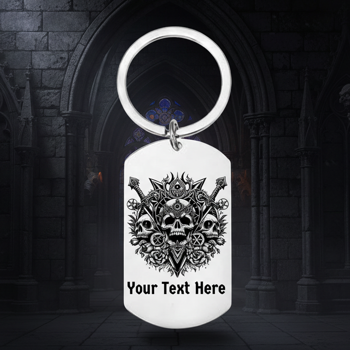 Personalised Gothic Skulls dog tag keyring – dark fantasy skull gift for goth lovers, birthdays, Halloween, and alternative style collectors.