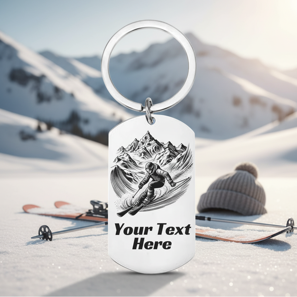 Personalised skiing keyring with mountain skier illustration and custom text on stainless steel dog tag