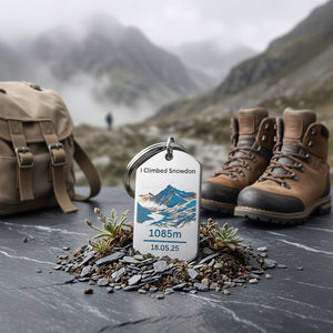 Personalised Snowdon keyring, stainless steel hiking achievement gift with 1085m summit height and custom date