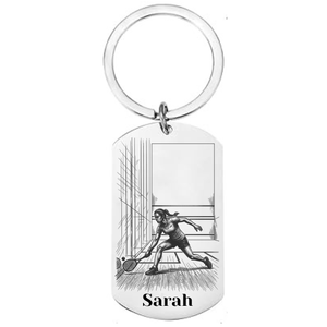 Personalised squash keyring laser engraved stainless steel dog tag with female squash player court scene and personalised name on white background