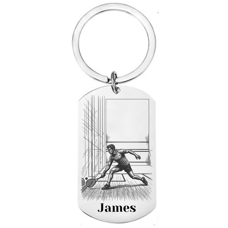 Personalised squash keyring laser engraved stainless steel dog tag with male squash player court scene and personalised name on white background