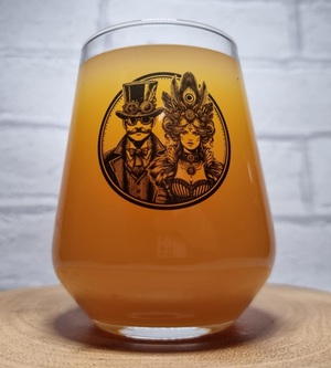A beer glass with a steampunk-themed illustration of a couple on it, filled with a golden beverage.