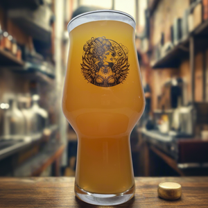 A pint glass with a steampunk-themed illustration of a woman in a gothic outfit and wings on the side.
