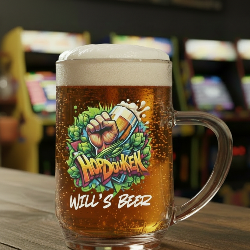 Hopdouken personalised retro gaming beer glass — original arcade fighter artwork by First Glass Designs UK