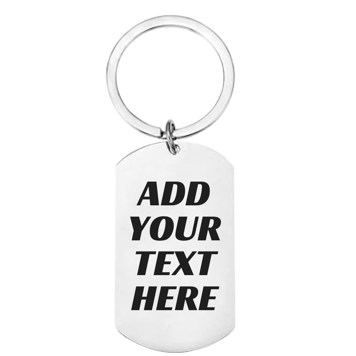 White keychain tag with 'ADD YOUR TEXT HERE' text on a white background