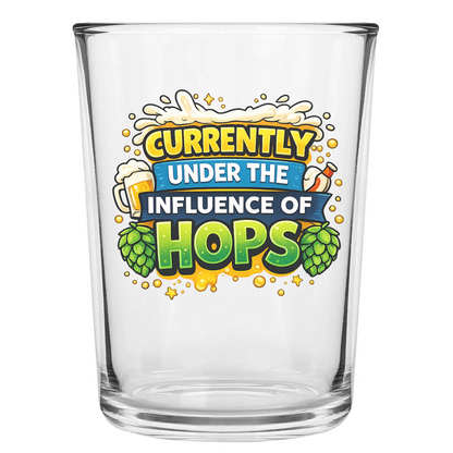 Beer glass with “Currently Under the Influence of Hops” slogan and hops illustration