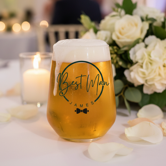 Personalised wedding party beer glass with bow tie design, customisable with different roles including Best Man, Groomsman, Groom, Father of Bride, Father of Groom, Godfather, Usher, and custom options, filled with golden ale