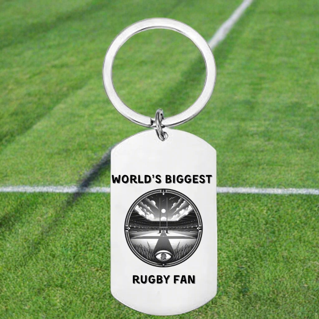 Stainless steel keyring engraved with rugby pitch design and “World’s Biggest Rugby Fan” text – personalised gift for rugby supporters, players, and coaches


