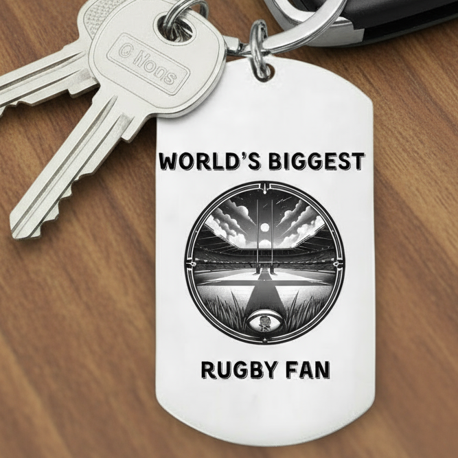 Stainless steel keyring engraved with rugby pitch design and “World’s Biggest Rugby Fan” text – personalised gift for rugby supporters, players, and coaches

