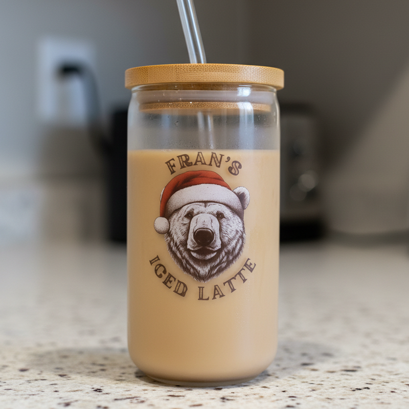 A clear glass can with a beige lid and straw, featuring a personalized Christmas design with a bear wearing a Santa hat and the text 'Fran's Fizzy Lager Iced Coffee'. The can is placed in front of a blurred Christmas tree and ornaments background.