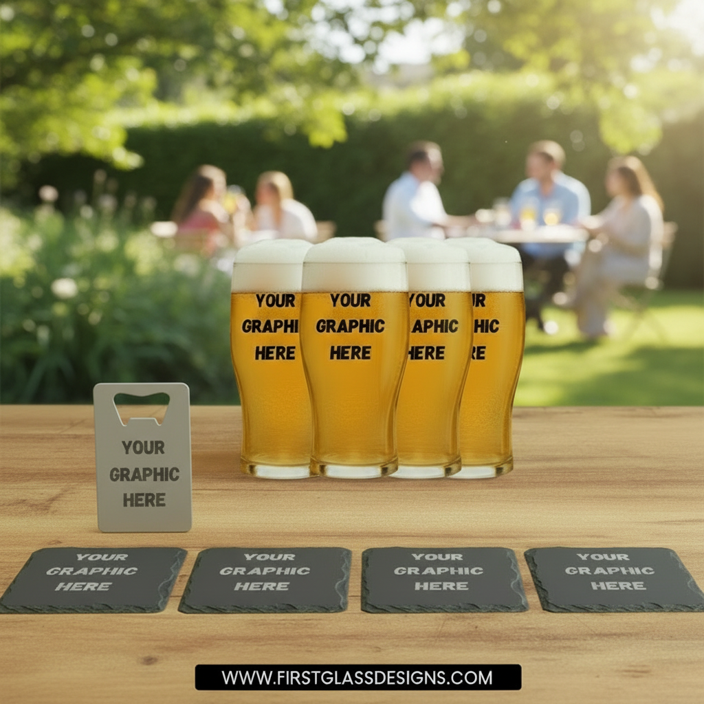 Personalised home bar beer glass set with custom graphic glasses coasters and bottle opener