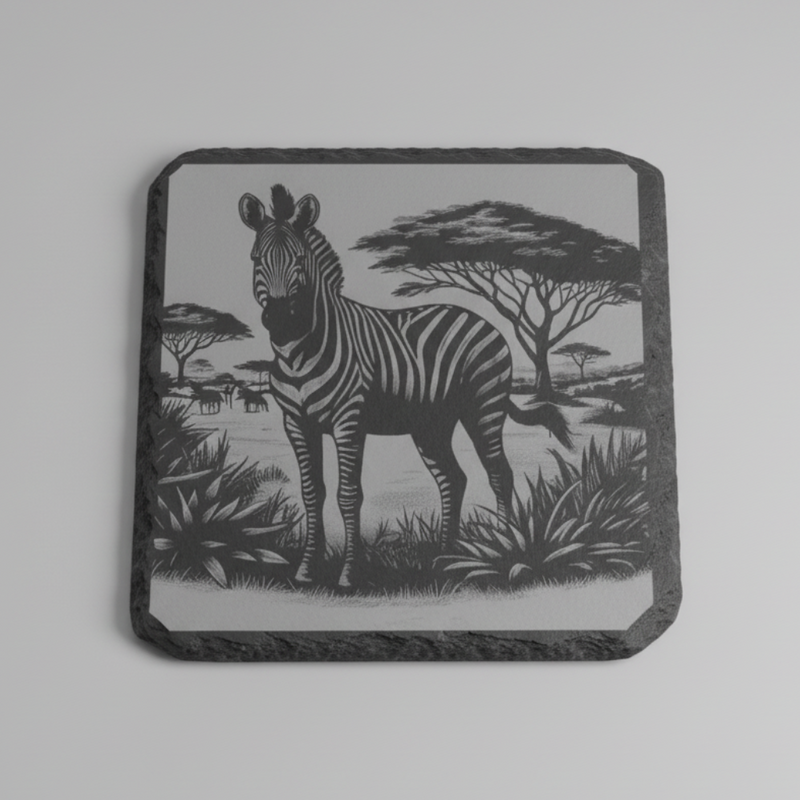 personalised slate or bamboo coaster engraved with a detailed zebra illustration, showcasing its distinctive black-and-white stripes, natural wood or stone texture, perfect for wildlife enthusiasts or as a stylish animal-themed gift.