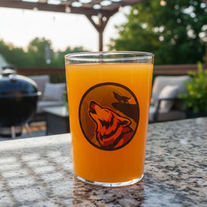 The Howling Wolf — a bold personalised wolf design on premium printed beer glass. Available in two sizes. A unique gift for wolf lovers and wildlife fans. Fast UK delivery by First Class Designs.