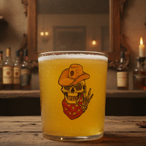Retired Cowboy skull cowboy personalised glass close up — bold dark Western artwork by First Class Designs