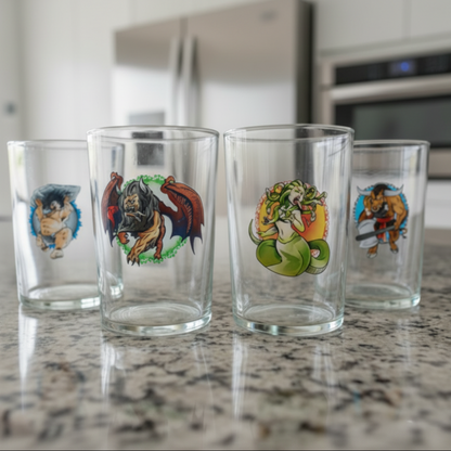 Greek mythology monster beer glass collection showing Medusa, Minotaur, Cyclops and Manticora designs — printed 50cl toughened glassware by First Class Designs UK